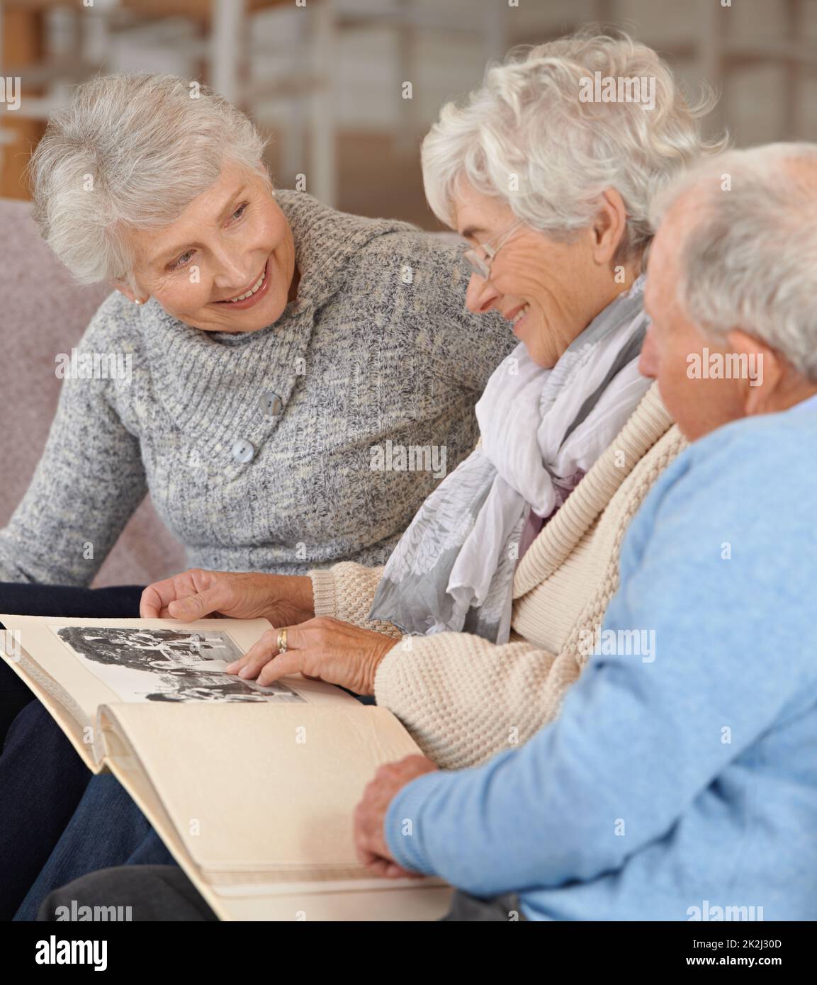 Gehen Sie auf die Gedächtnisspur. Aufnahme von Senioren, die durch ein Fotoalbum schauen. Stockfoto