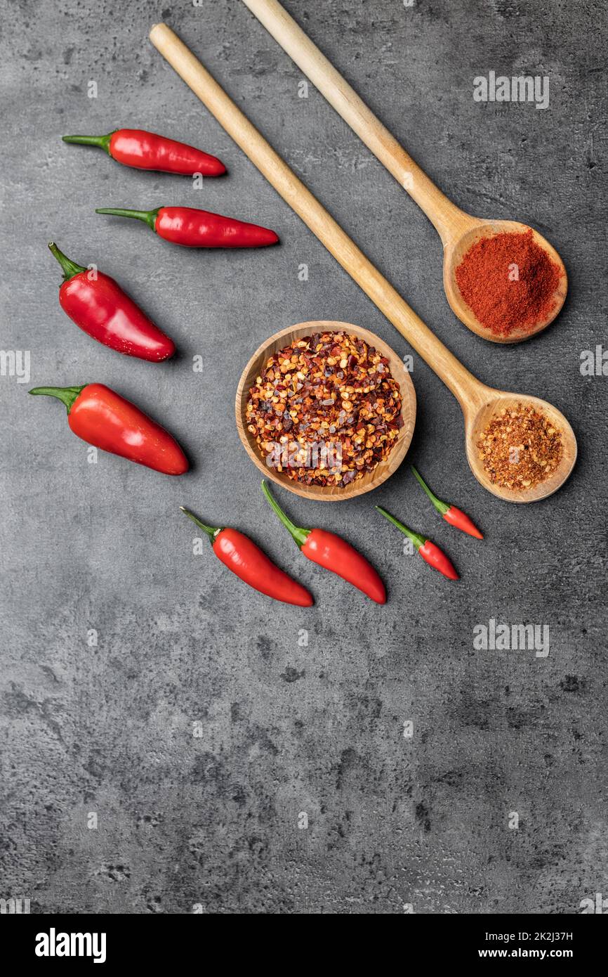 Auswahl an frischen und getrockneten Chili-Paprika Stockfoto