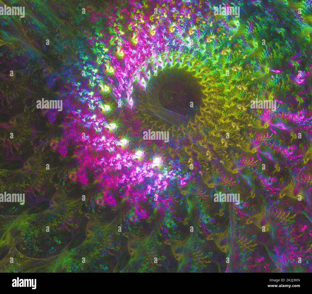 Abstrakter fraktaler Kunsthintergrund, der auf Astronomie und Nebel hindeutet. Computergenerierter spiralartiger Illustrationsnebel. Stockfoto