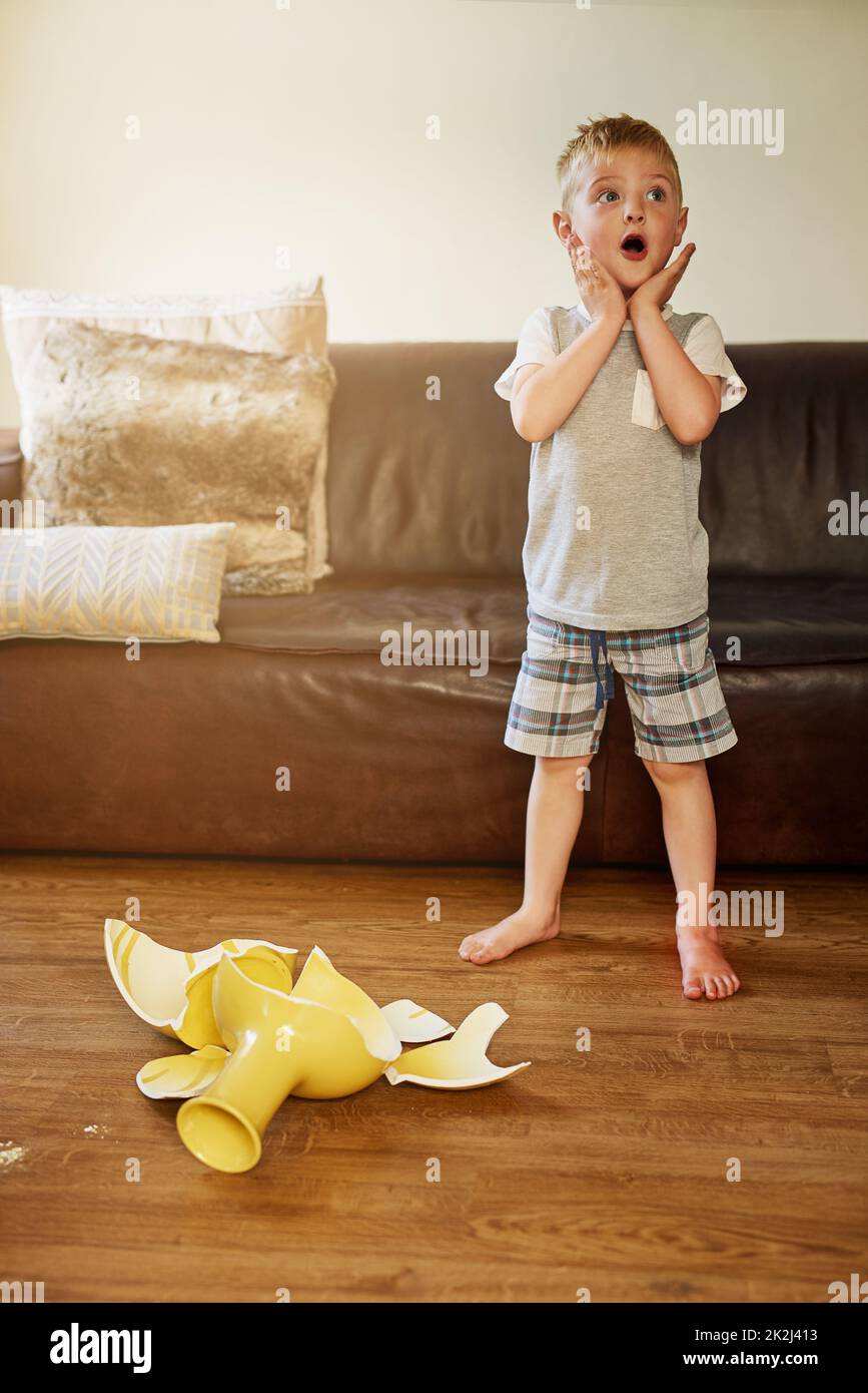 Mama wird so wütend darüber sein. Aufnahme eines kleinen Jungen, der schockiert aussierte, nachdem er zu Hause eine Vase zerbrochen hatte. Stockfoto