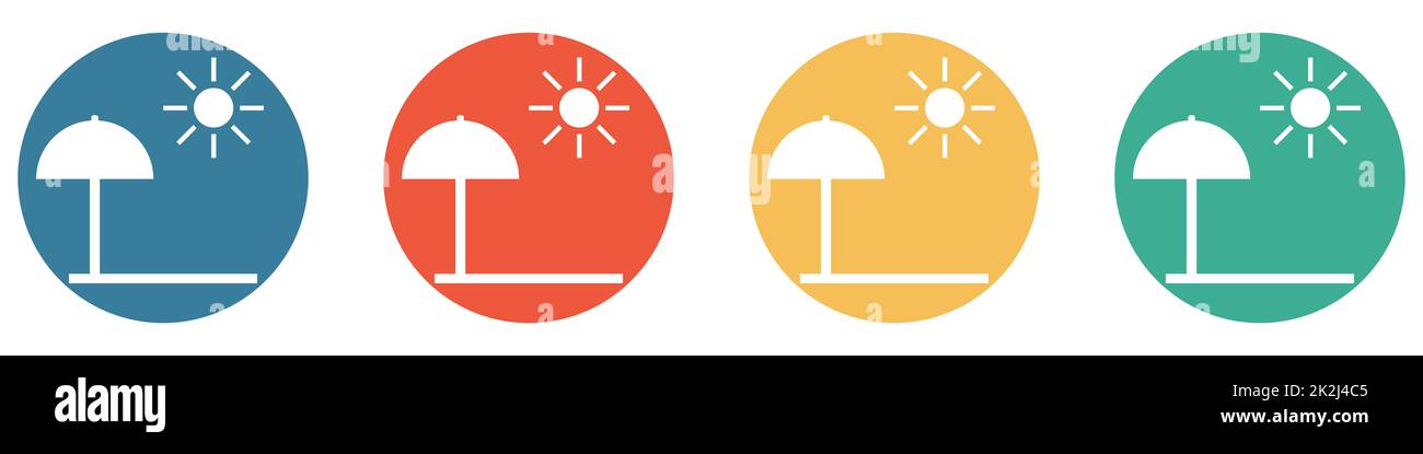Farbenfrohes Banner mit 4 Knöpfen: Strand mit Sonnenschirm und Sonne Stockfoto