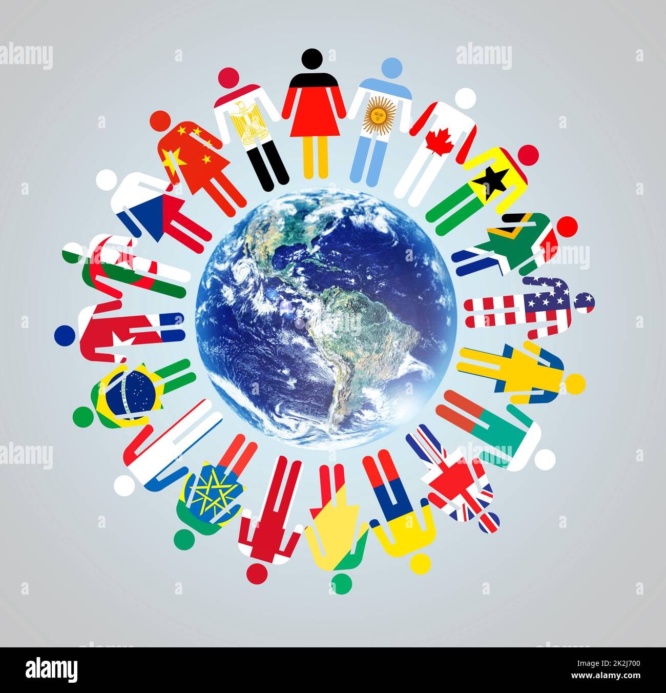 Gemeinsam machen wir einen Unterschied. Eine Welt mit Darstellungen von Weltkulturen und Nationalitäten, die um sie herum stehen. Stockfoto