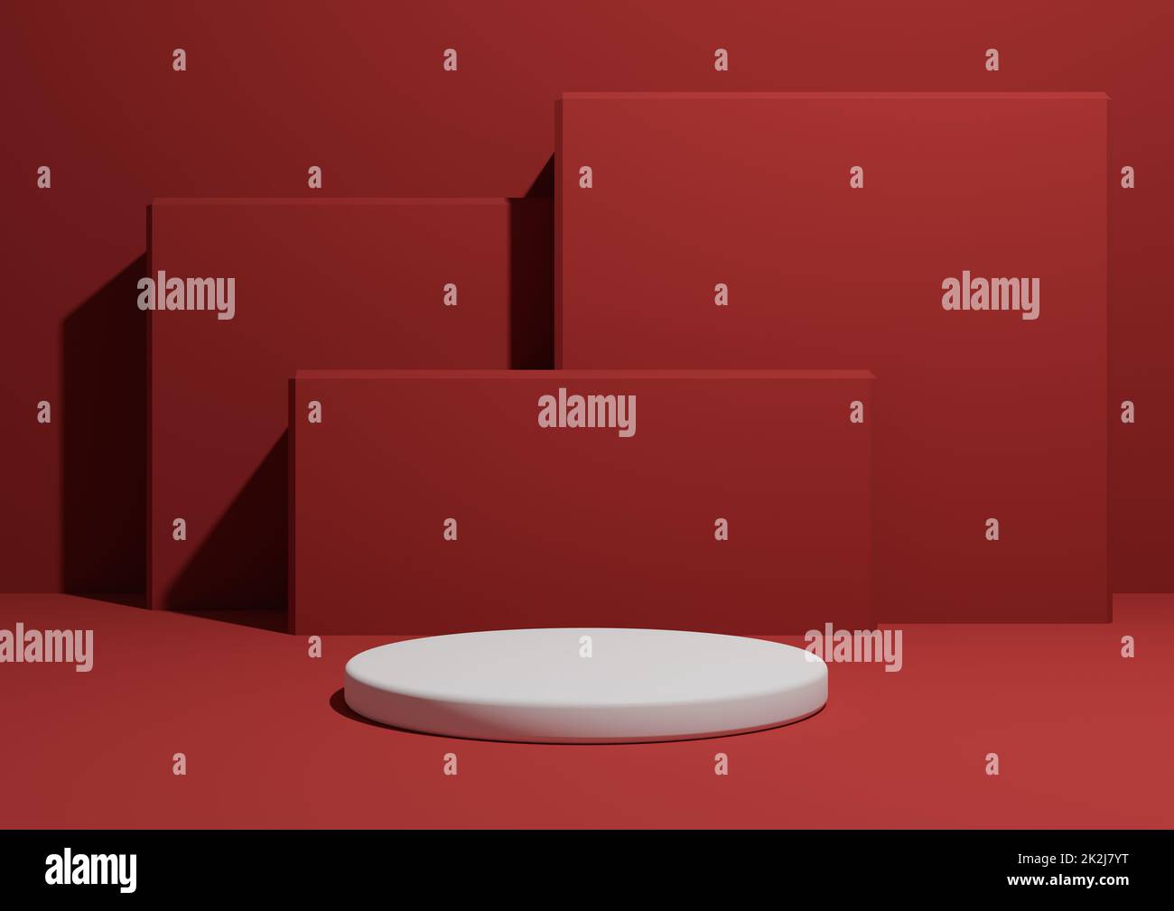 Leuchtend kastanienbraun, dunkelrot, 3D-Darstellung eines einfachen, minimalen Produktanzeigebilds mit einem Podium oder Ständer und geometrischen quadratischen Formen im Hintergrund. Stockfoto