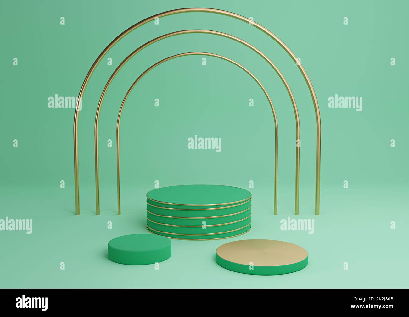 Leuchtendes türkisfarbenes Grün 3D für einfache Produktanzeige Zylinderpodien mit luxuriösem goldenen Bogen und Linien drei stehen für minimalen Hintergrund abstrakte Komposition Stockfoto