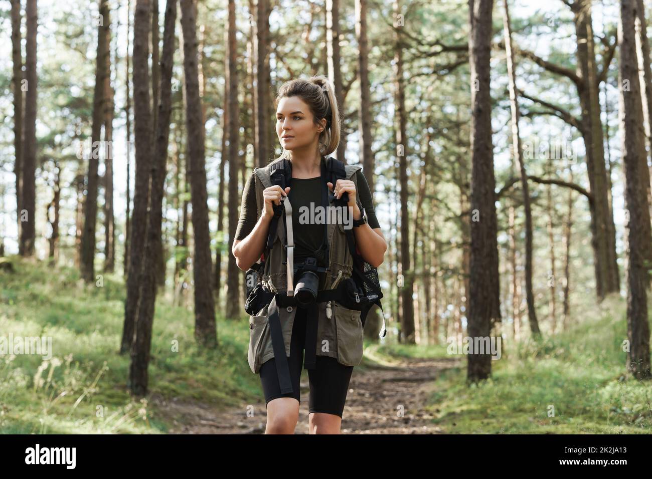 Wandern mit einem Rucksack und einer modernen spiegellosen Kamera im grünen Wald Stockfoto