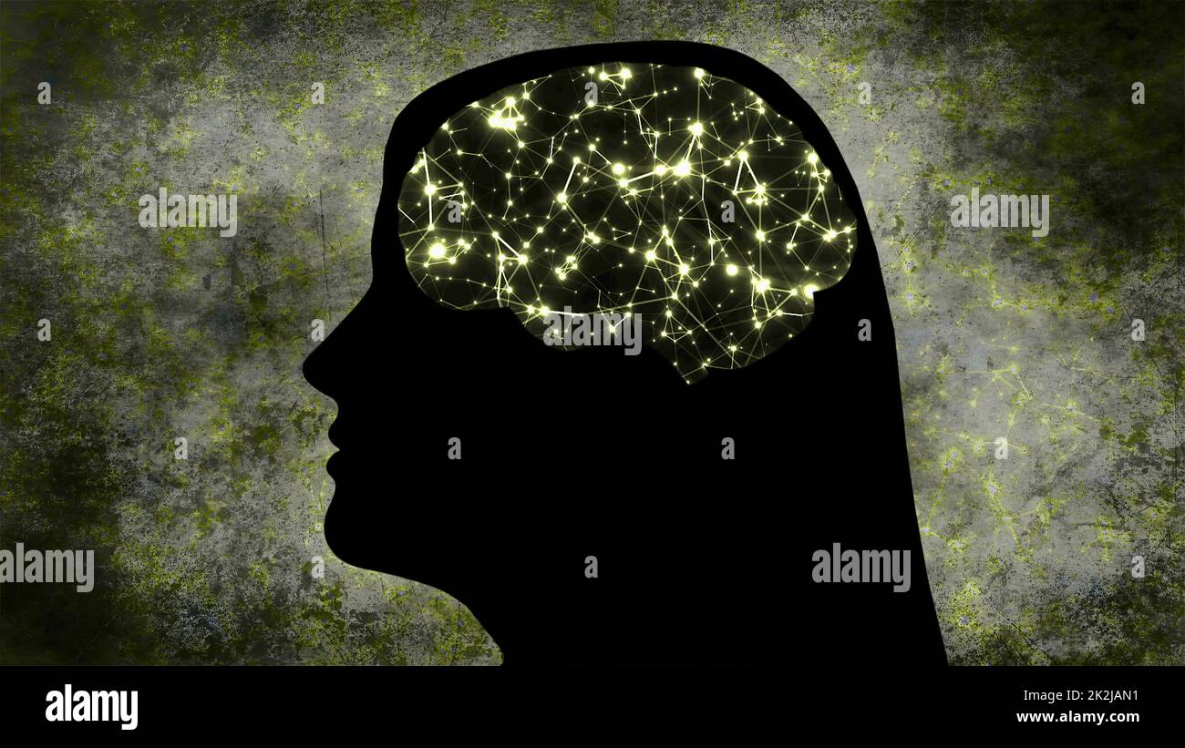 Porträt der Frau Silhouette mit Gehirn Verbindungen von Neuronen Stockfoto