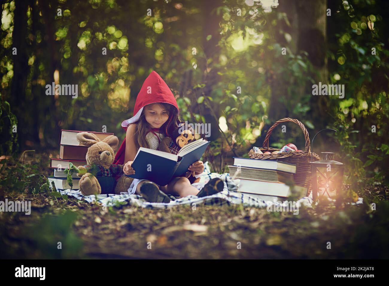 Bücher können uns zu den magischsten Orten transportieren. Aufnahme eines kleinen Mädchens in einem roten Umhang, das ein Buch mit ihren Spielsachen im Wald liest. Stockfoto