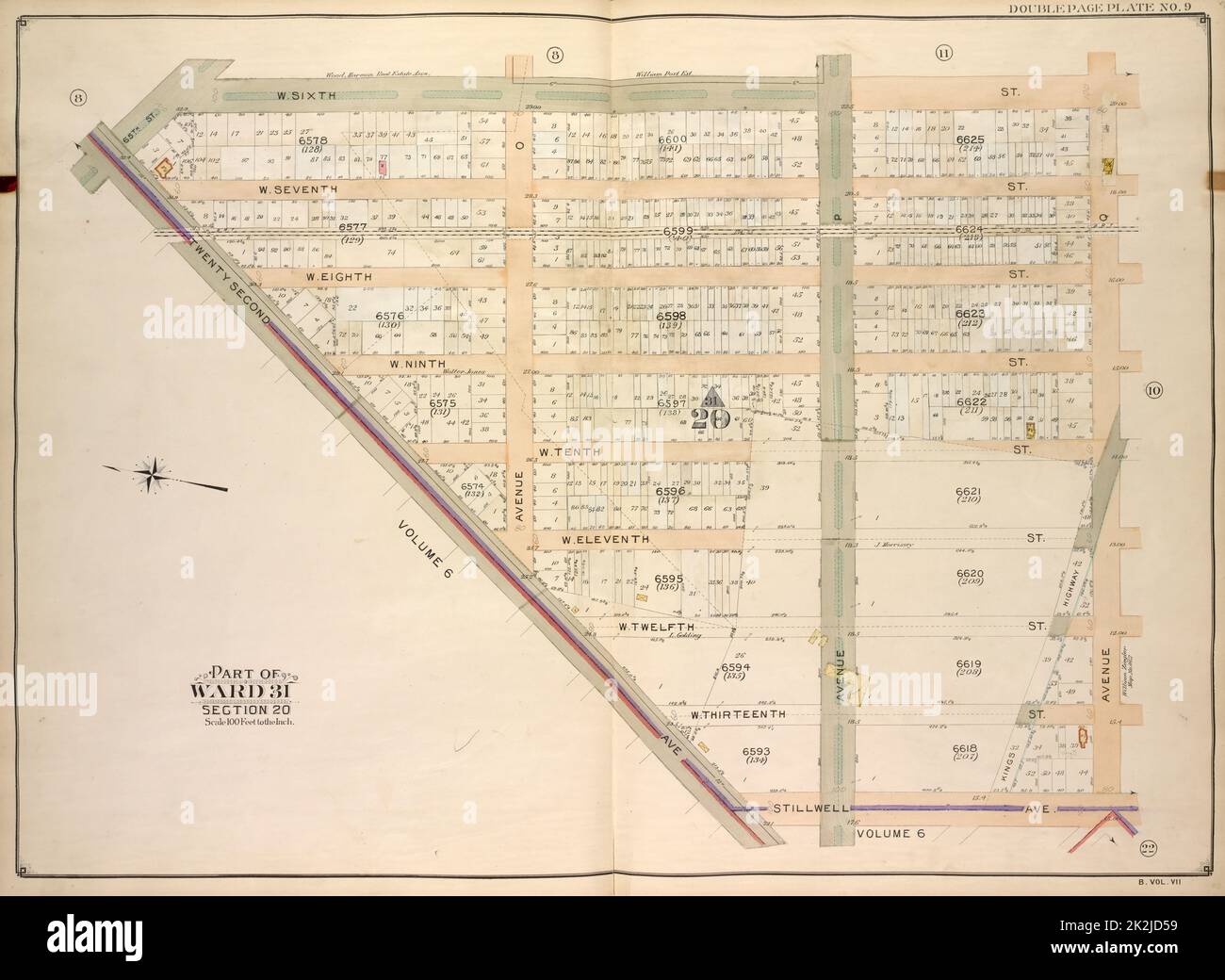 E.B. Hyde & Co. Kartografisch, Karten. 1907. Lionel Pincus und Prinzessin Firyal Map Division. Brooklyn (New York, New York) , Maps, Immobilien , New York (Bundesstaat) , New York Brooklyn, Vol. 7, Double Page Plate No. 9; Teil von ward 31, Abschnitt 20; Karte begrenzt durch W. 6. St., Avenue Q, Stillwell Ave.; einschließlich 22. Ave., 65. St. Stockfoto