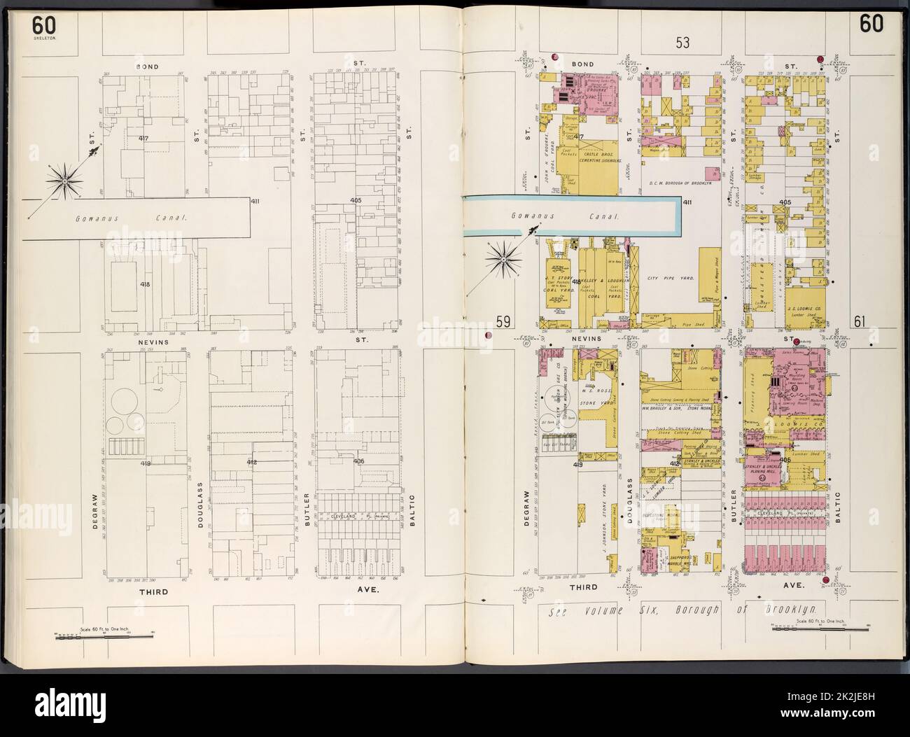 Kartografisch, Karten. 1884 - 1936. Lionel Pincus und Princess Firyal Map Division. Feuerversicherung , New York (Staat), Immobilien , New York (Staat), Städte & Orte , New York (Staat) Brooklyn Plate No. 60 Karte begrenzt durch Degraw St., Bond St., Baltic St., 3. Ave Stockfoto