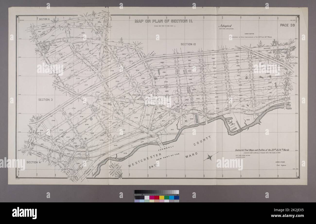 New York (New York). Topographisches Büro. Kartografisch, Karten. 1892 - 1895. Lionel Pincus und Princess Firyal Map Division. Bronx (New York, New York) Karte oder Plan von Abschnitt 11. Begrenzt durch Mohawk Avenue, Southern Boulevard, E. 165. Street, Prospect Avenue, E. 169. Street, Intervale Avenue, Freeman Street, Southern Boulevard, E. 176. Street und Bronx River. Abschnitt 11 der letzten Karten und Profile, der Stationen 23. und 24.. Stockfoto
