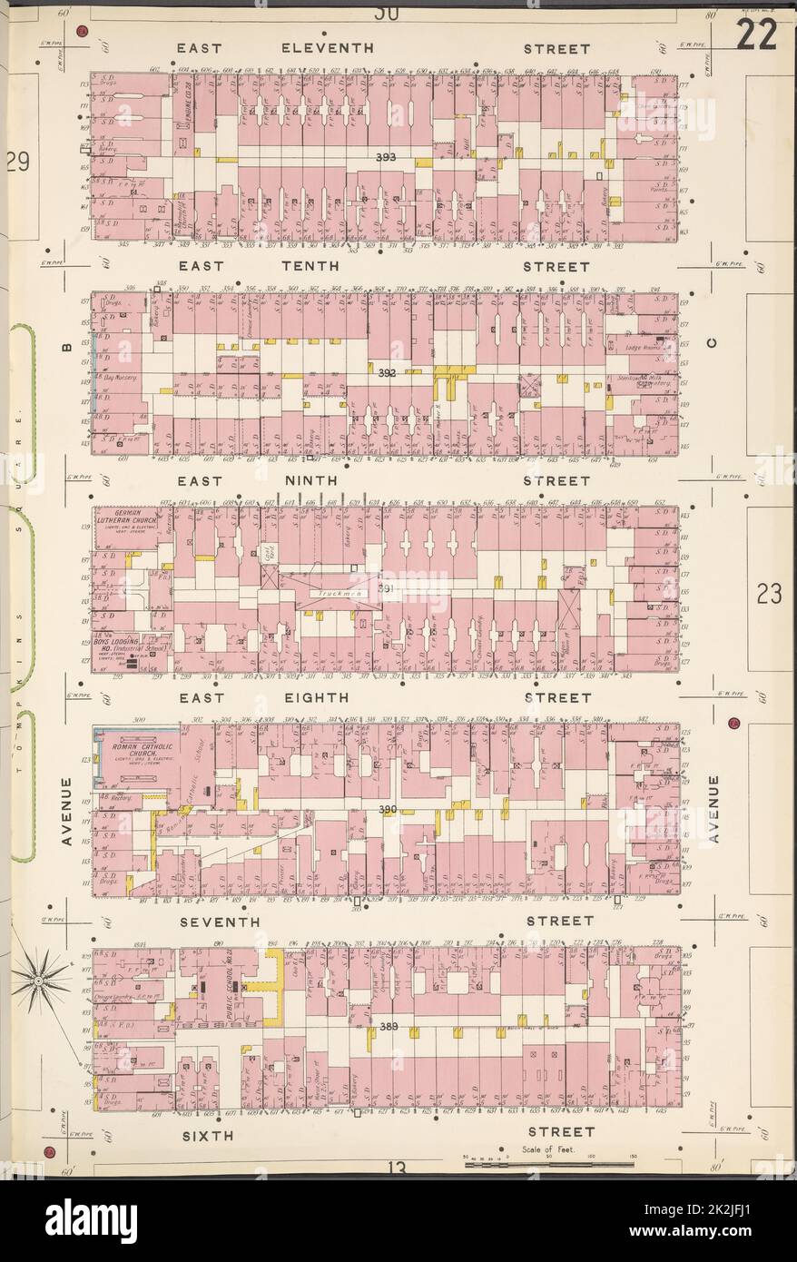 Kartografisch, Karten. 1884 - 1936. Lionel Pincus und Princess Firyal Map Division. Feuerversicherung , New York (Staat), Immobilien , New York (Staat), Städte & Orte , New York (Staat) Manhattan, V. 2, Plate No. 22 Karte begrenzt durch E. 11. St., Avenue C, 6. St., Avenue B Stockfoto