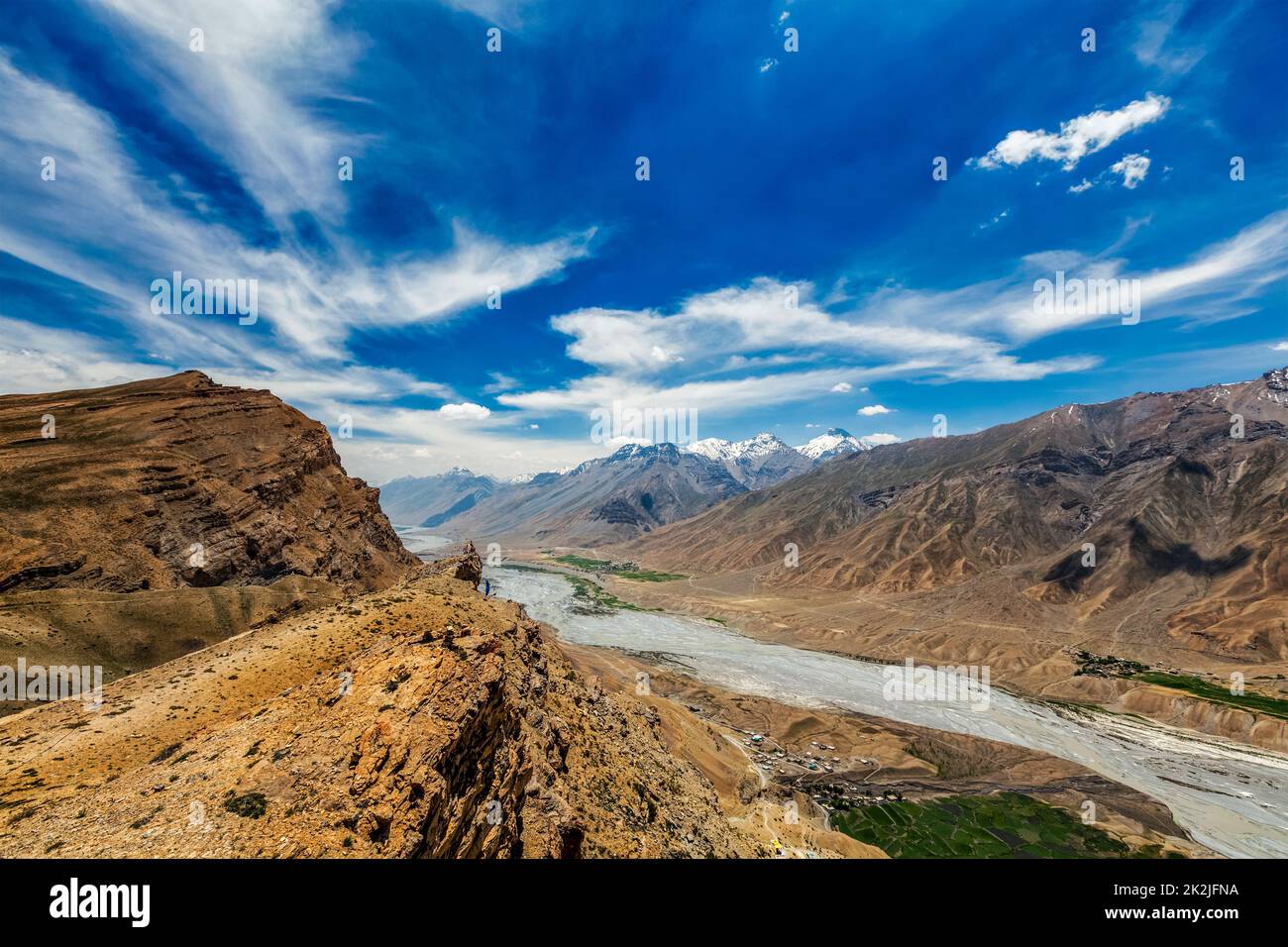 Blick auf das Spiti-Tal und den Spiti-Fluss im Himalaya. Stockfoto
