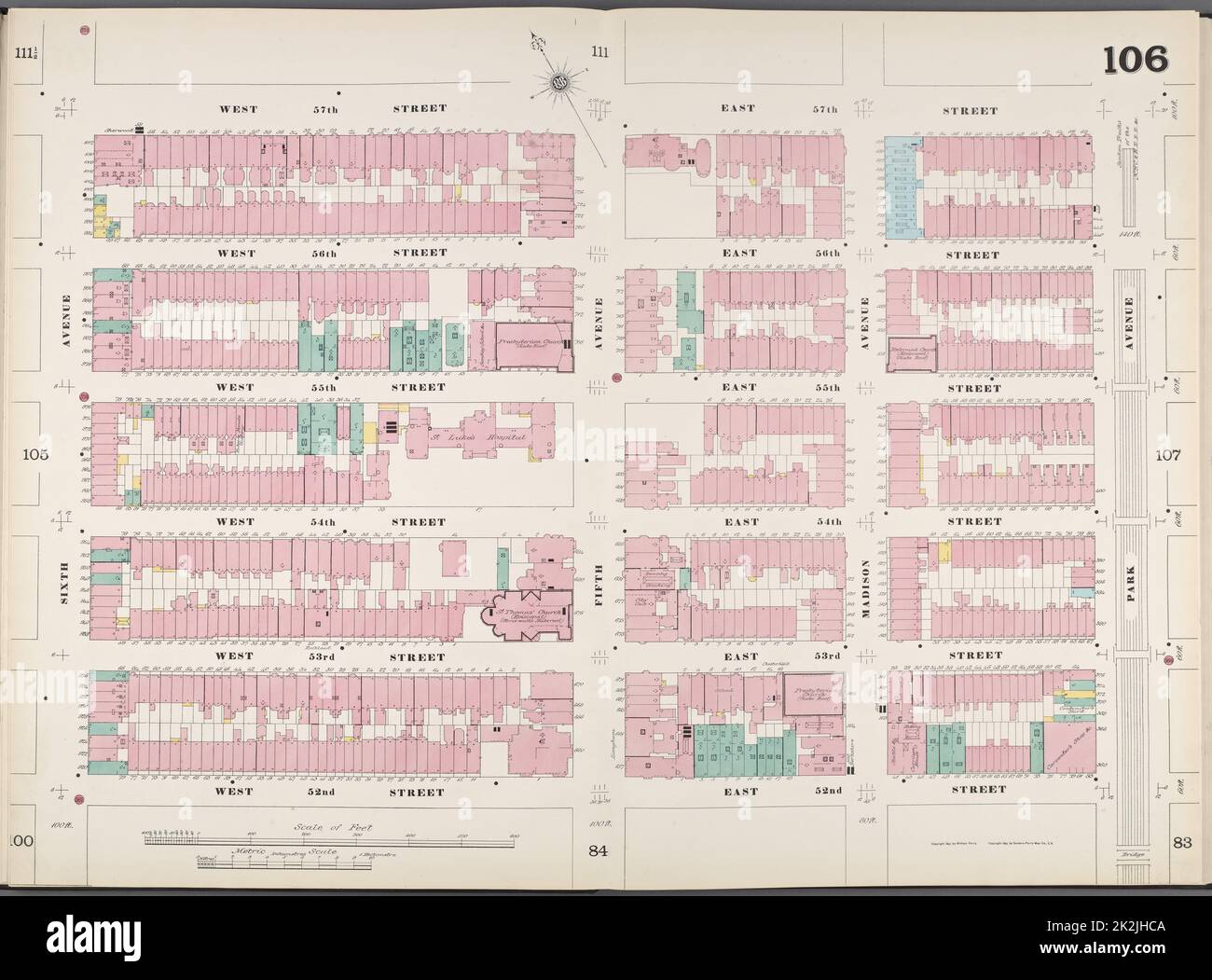 Kartografisch, Karten. 1892. Lionel Pincus und Prinzessin Firyal Map Division. Feuerversicherung , New York (Staat), Immobilien , New York (Staat), Städte & Orte , New York (Staat) Manhattan, V. 6, Doppelseite Plate No. 106 Karte begrenzt durch W. 57. St., E. 57. St., Park Ave., E. 52. St., W. 52. St., 6. Ave Stockfoto