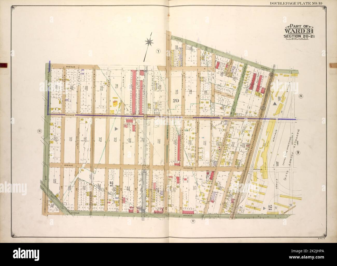 E.B. Hyde & Co. Kartografisch, Karten. 1916 - 1920. Lionel Pincus und Princess Firyal Map Division. Brooklyn (New York, N.Y.), Immobilien , New York (Bundesstaat) , New York Brooklyn, Vol. 3, Doppelseitenplatte Nr. 10; Teil von ward 31, Abschnitt 20-21; Karte begrenzt durch Avenue R, W. 6. St., Kings Highway; einschließlich E. 2. St., Avenue U, Stillwell Ave Stockfoto