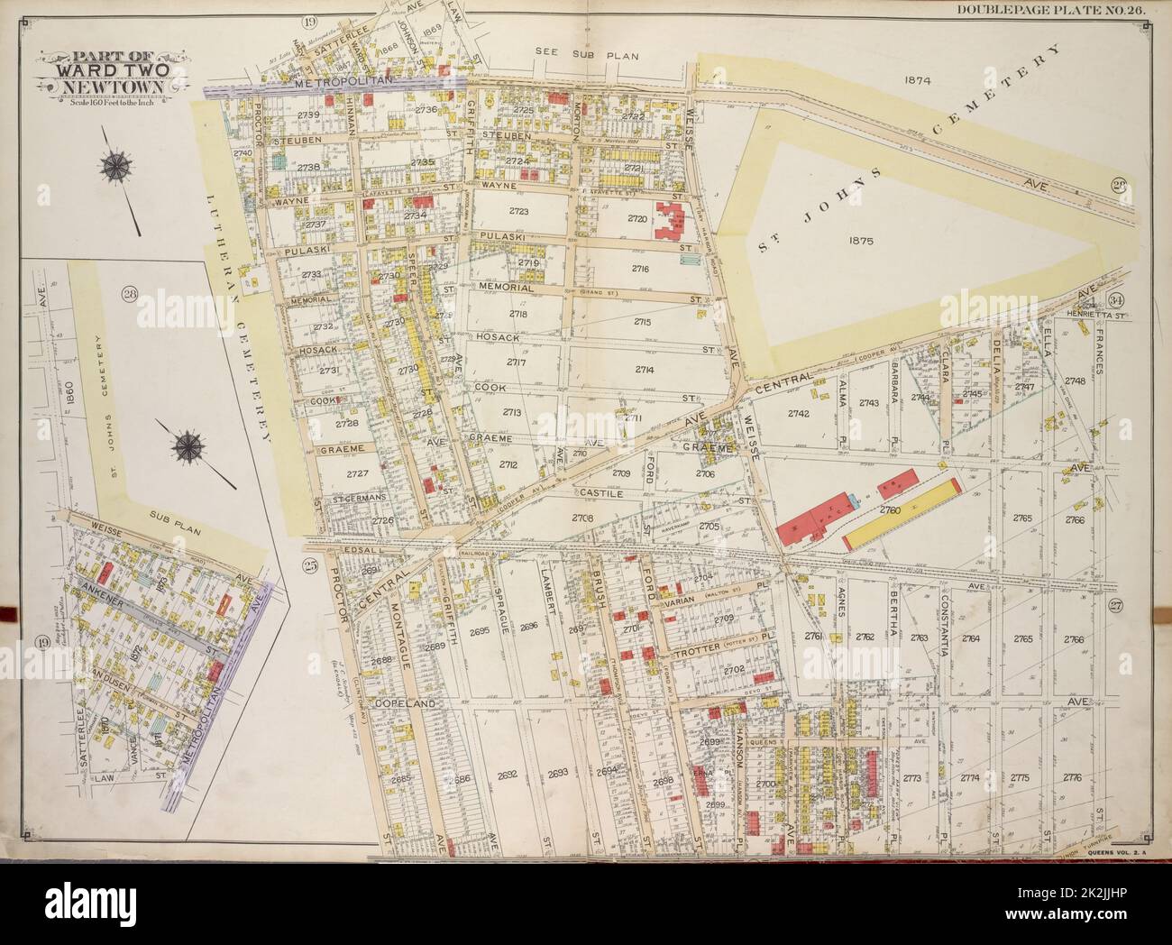 Kartografisch, Karten. 1915. Lionel Pincus und Prinzessin Firyal Map Division. Queens (New York, N.Y.), Immobilien , New York (Bundesstaat) , New York , Queens (Borough) Queens, Vol. 2A, Double Page Plate No. 26; Teil von ward Two Newtown. Karte begrenzt durch Nagy St., Satterlee Ave., Law St.: Einschließlich Metropolitan Ave., Frances St., Myrtle Ave., Proctor St.; Unterplan; Karte begrenzt durch Satterlee Ave., Weisse Ave., Metropolitan Ave., Law St., Ankener St., VanDusen St., Vance Pl. Stockfoto