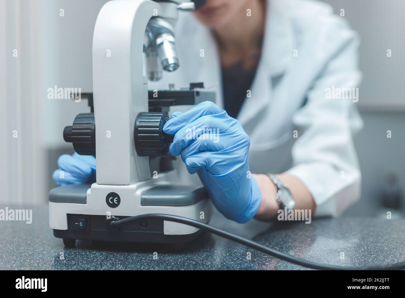 Wissenschaftlerin, die im Labor mit dem Mikroskop forscht Stockfoto