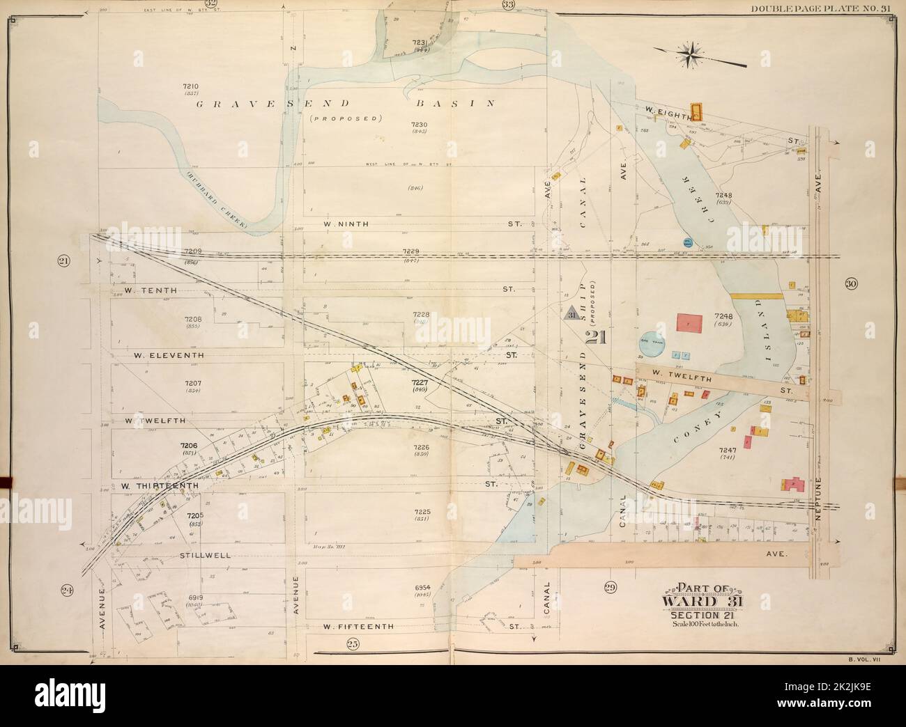 E.B. Hyde & Co. Kartografisch, Karten. 1907. Lionel Pincus und Prinzessin Firyal Map Division. Brooklyn (New York, New York) , Maps, Immobilien , New York (Staat) , New York Brooklyn, Vol. 7, Doppelseitenplatte Nr. 31; Teil von ward 31, Abschnitt 21; Karte begrenzt durch W. 6. St., W. 8. St., Neptune Ave.; einschließlich Stillwell Ave., W. 15. St., Canal Ave., Avenue Y Stockfoto