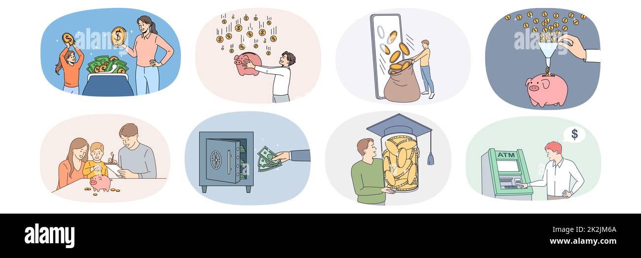 Eine Gruppe glücklicher Menschen, die Geld für zukünftige Bedürfnisse sparen Stockfoto