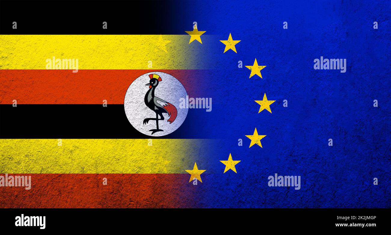 Flagge der Europäischen Union mit Republik Uganda Nationalflagge. Grungen Hintergrund Stockfoto