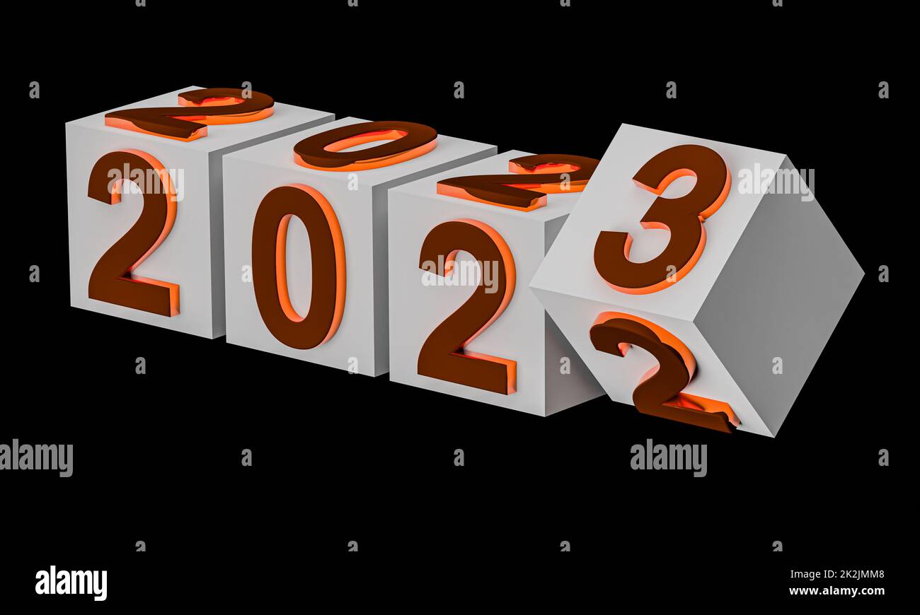 Das Konzept der Neujahr-Ferien. Würfel mit der Nummer 2023 ersetzen 2022. 3D Rendern Stockfoto
