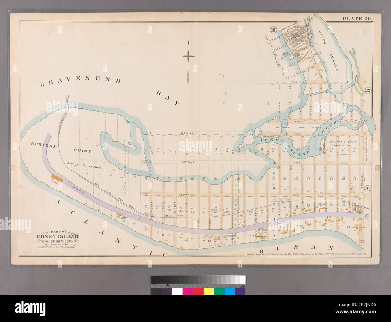 F. Bourquin & Co. Kartografisch, Karten. 1890. Lionel Pincus und Prinzessin Firyal Map Division. Brooklyn (New York, N.Y.), Immobilien , New York (Bundesstaat) , New York Plate 20: Begrenzt durch Bay 46. Street, Harway Avenue, Avenue Z, Stillwell Avenue und (Atlantic Ocean) Surf Avenue. Teil von Coney Island, Stadt Gravesend. Stockfoto