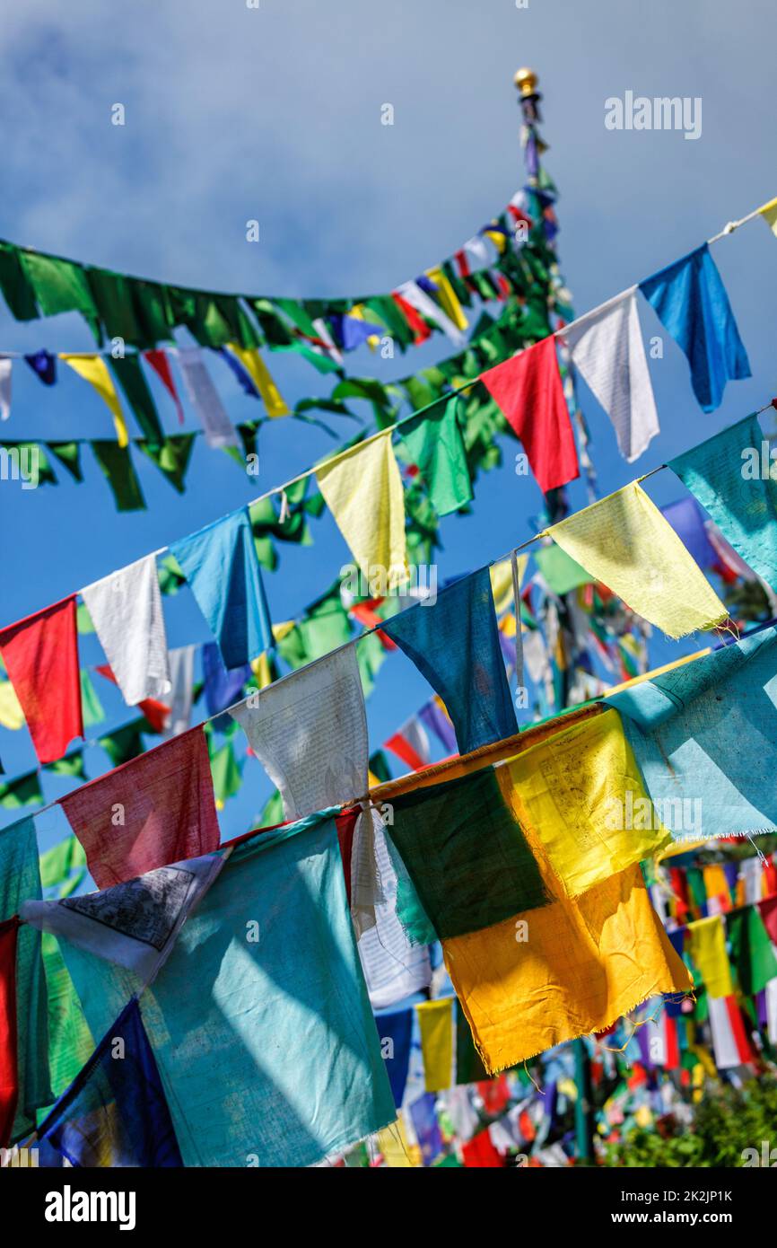 Buddhistische Gebetsfahnen luna in McLeod Ganj, Himachal Pradesh, Indien Stockfoto