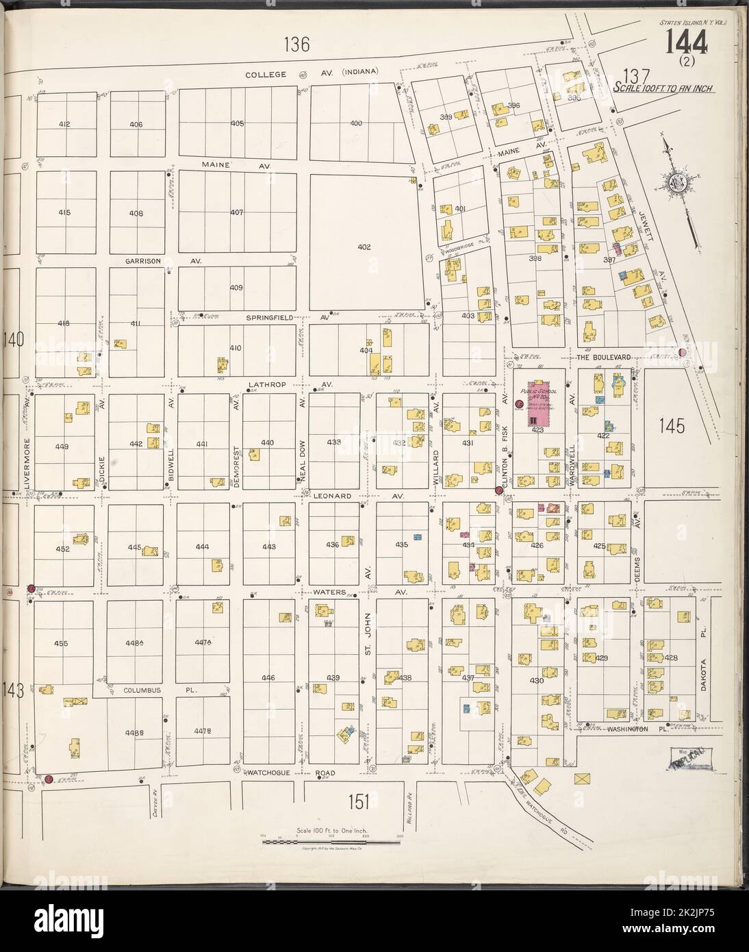 Kartografisch, Karten. 1884 - 1936. Lionel Pincus und Princess Firyal Map Division. Feuerversicherung , New York (Staat), Immobilien , New York (Staat), Städte und Orte , New York (Staat) Staten Island, V. 2, Plate No. 144 Karte begrenzt durch College Ave., Jewett Ave., Dakota Pl., Watchogue Rd., Livermore Ave. Stockfoto