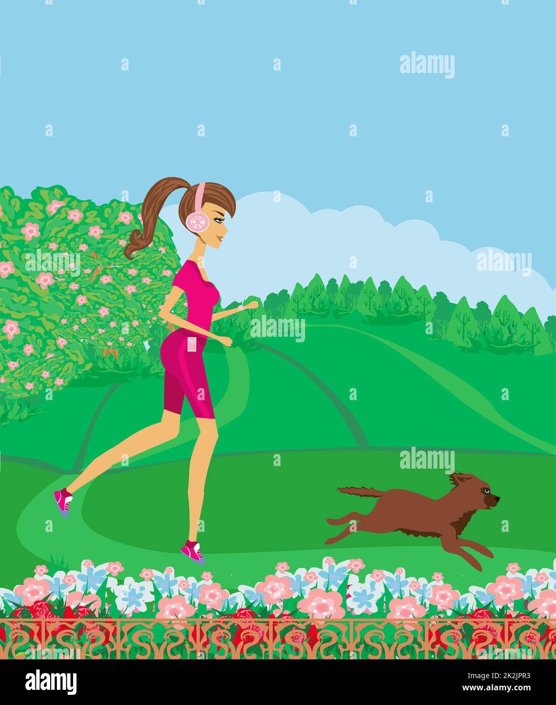 Jogging Mädchen im Frühjahr zusammen mit ihrem Hund Stockfoto