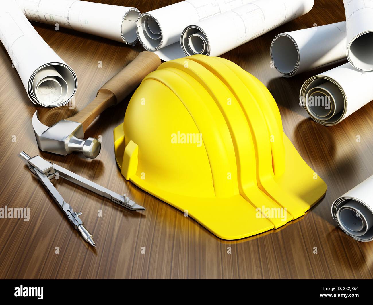 Baupläne, Schutzhelm und Werkzeuge auf dem Tisch Stockfoto