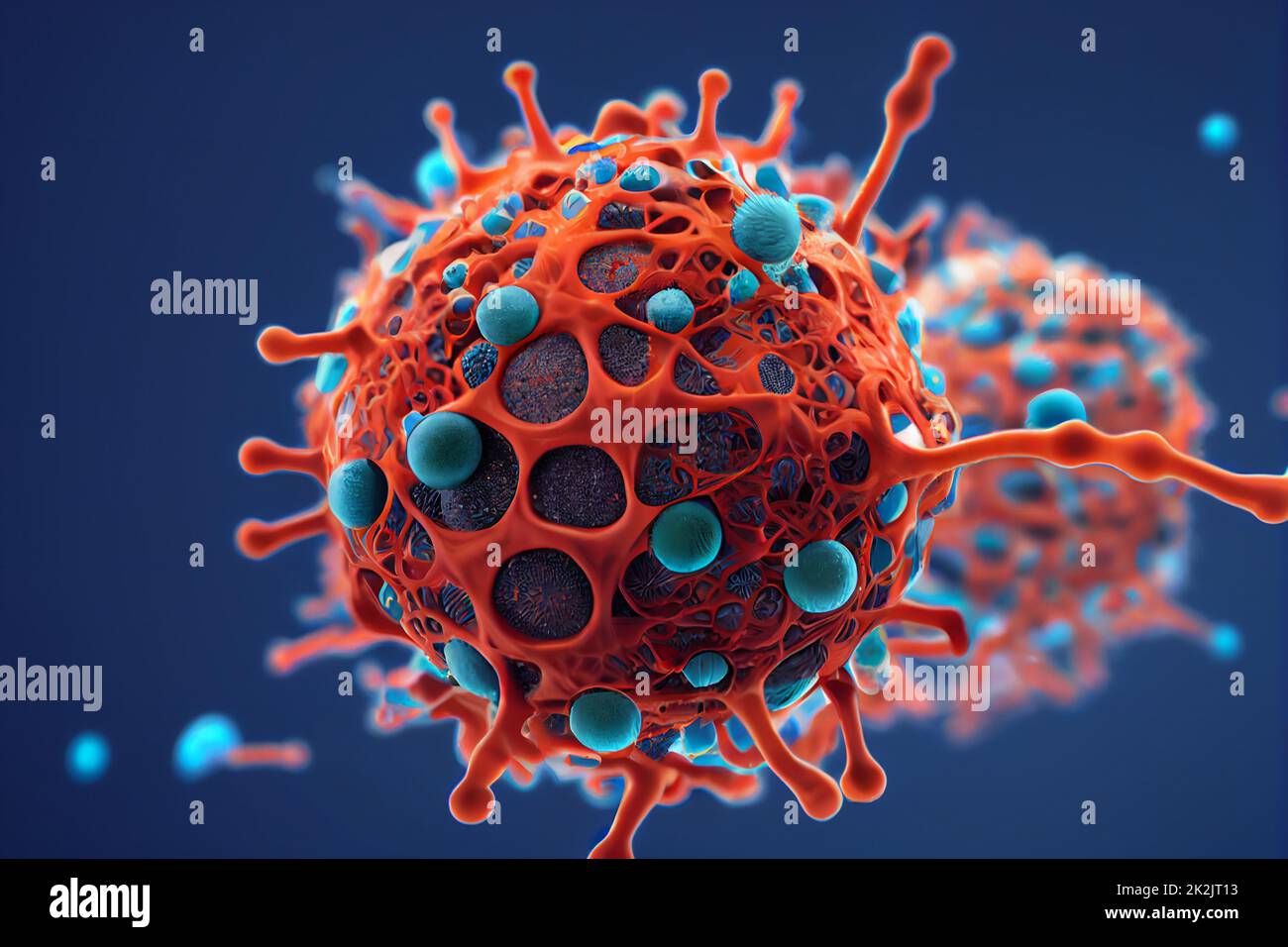 Buntes Virus mit Oberflächenrezeptoren und Spikes, Covid-19-ähnliches Virus, Coronavirus-Typ ähnlich sars-Cov-2, allgemeines Viruskonzept 3D-Rendering Stockfoto