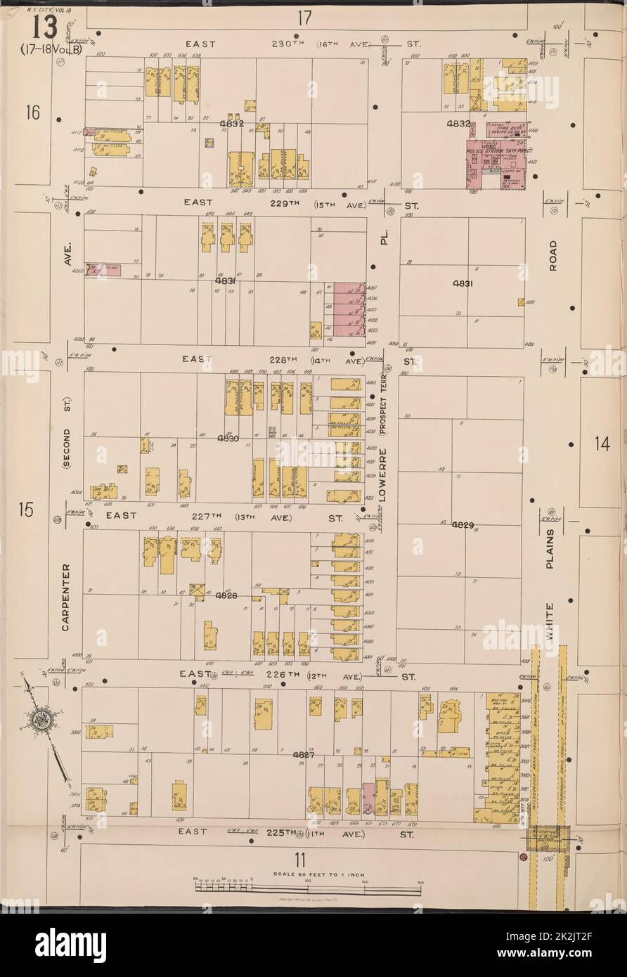 Kartografisch, Karten. 1918. Lionel Pincus und Prinzessin Firyal Map Division. Feuerversicherung , New York (Staat), Immobilien , New York (Staat), Städte und Gemeinden , New York (Staat) Bronx, V. 18, Platte Nr. 13 Karte begrenzt durch E. 230. St., White Plains Rd., E. 225. St., Karpenter Ave. Stockfoto