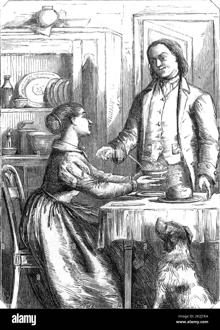 Benjamin Franklin (1706-1790) amerikanischer Drucker, Wissenschaftler und Staatsmann. Franklin, der erfolgreicher geworden ist, ist überrascht, als Deborah, seine Frau, sein Frühstück in einer porzellanschüssel mit silbernem Löffel serviert, anstatt in einer Steingutschüssel mit einem Zinnlöffel. Gravur, London 1852. Holzstich. Stockfoto