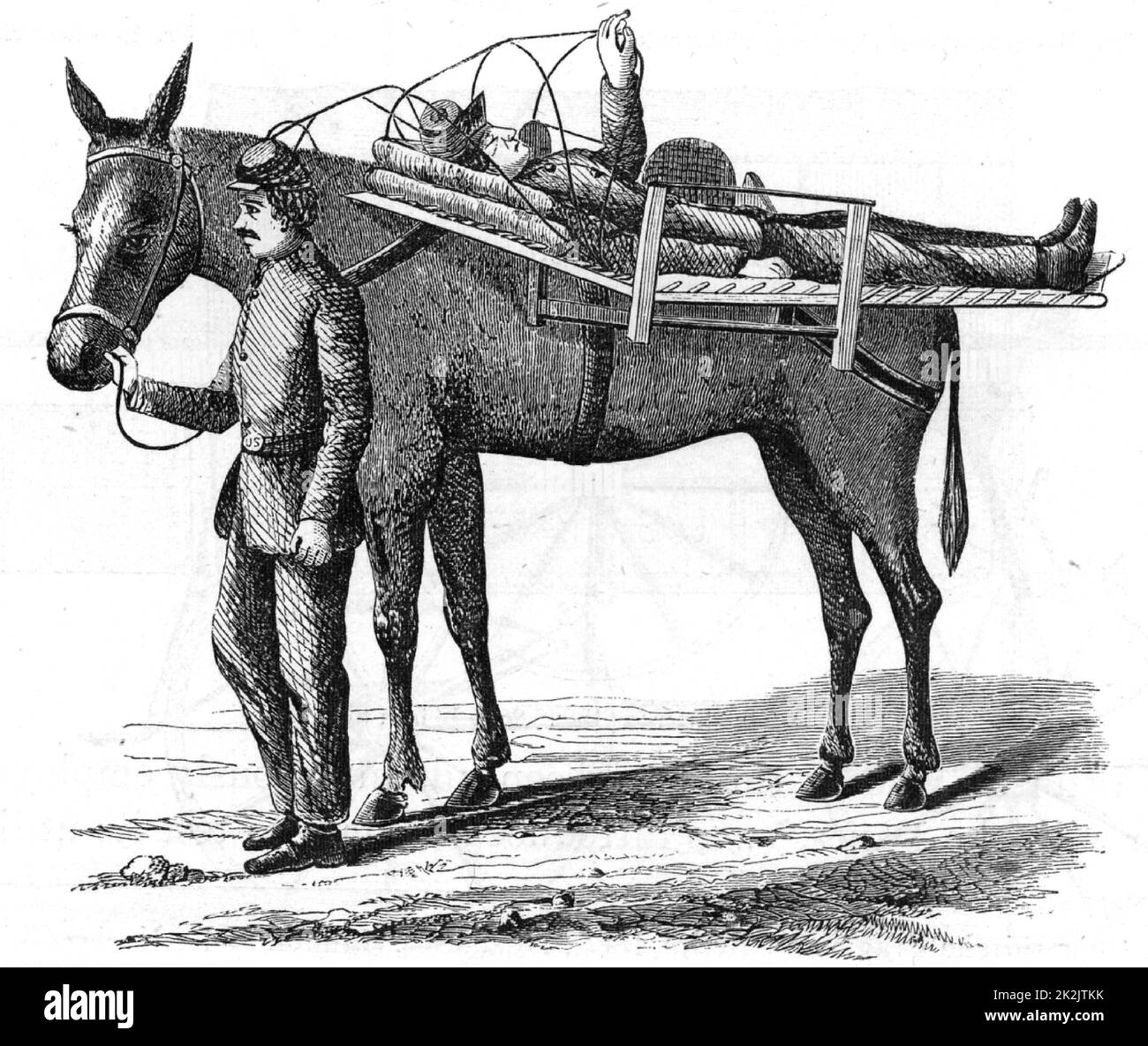Amerikanischer Bürgerkrieg 1861-1865. Unfall mit Pferd Einstreu transportiert. Holzstich von 1865. Stockfoto
