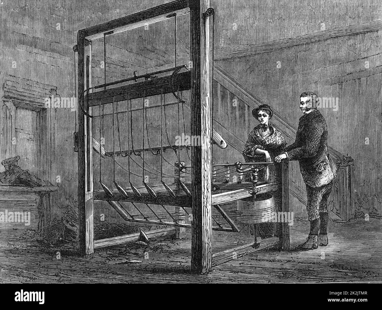 Thomas Highs' (1718-1803) Doppel jenny, öffentlich in Manchester Exchange, England, demonstriert. 1772. Highs wurde für seine Erfindung mit £200 ausgezeichnet. Aus „Great Industries of Great Britain“ (London, c1880). Gravur. Stockfoto
