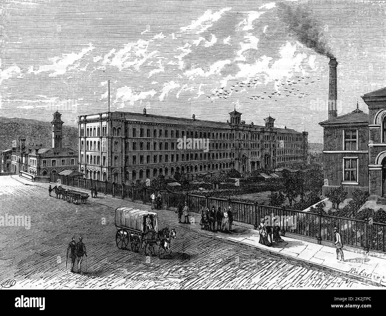 Saltaire, die Textilfabrik und Stadt in der Nähe von Bradford, Yorkshire, wurde 1851 vom Industriellen Titus Salt (1803-1876) gegründet. Salt hatte Regierungsverträge zur Herstellung von Stoffen für Militäruniformen. Aus „Great Industries of Great Britain“ (London, c1880). Gravur. Stockfoto