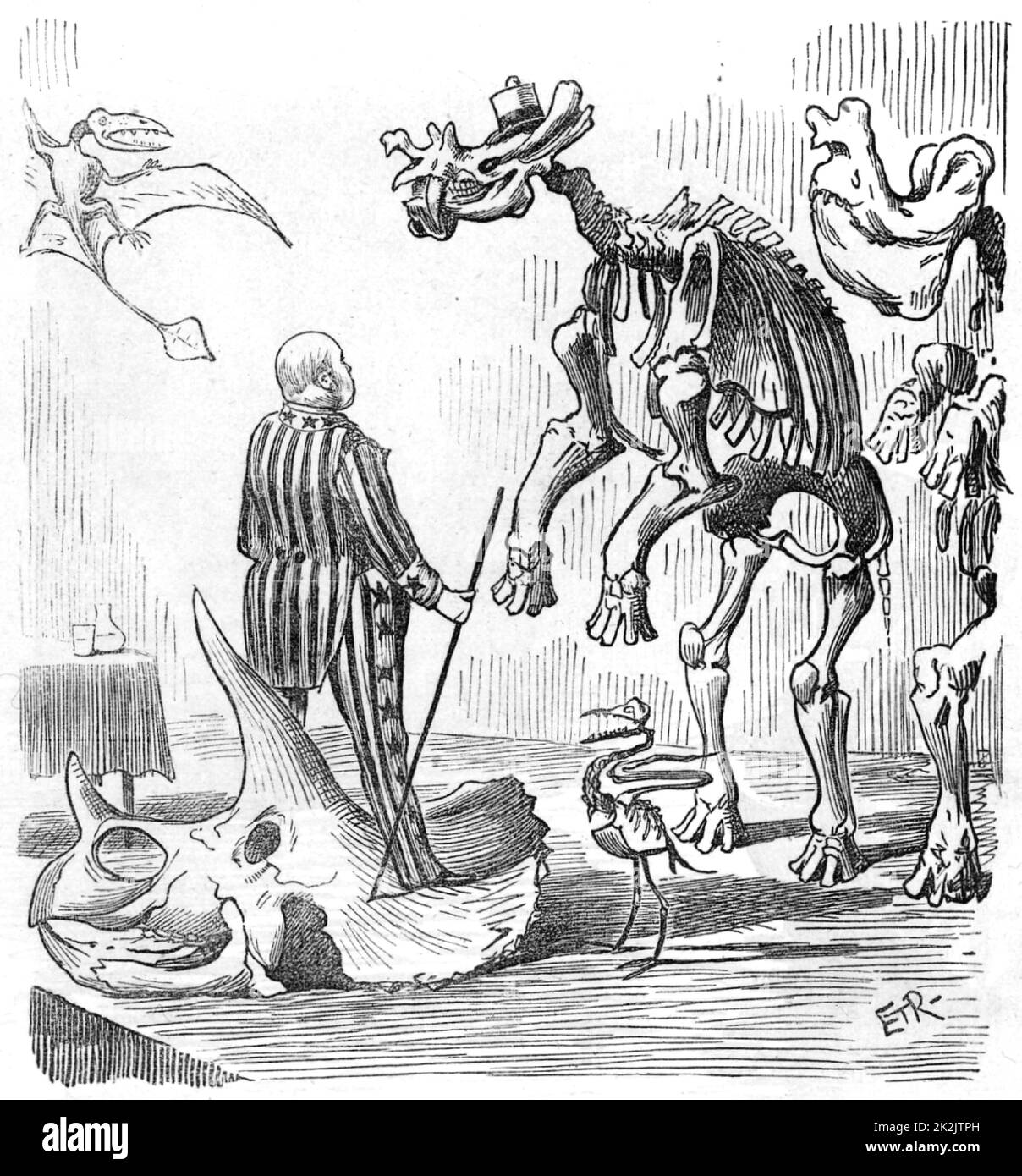 Othniel Charles Marsh (1831-1899) amerikanischer Paläontologe. Erster Professor für Paläontologie an der Yale University. Marsh entdeckte etwa 1.000 fossile Wirbeltiere und organisierte Expeditionen, insbesondere in Nebraska und Colorado. Karikatur aus „Punch“ (London, 13. September 1890). Stockfoto