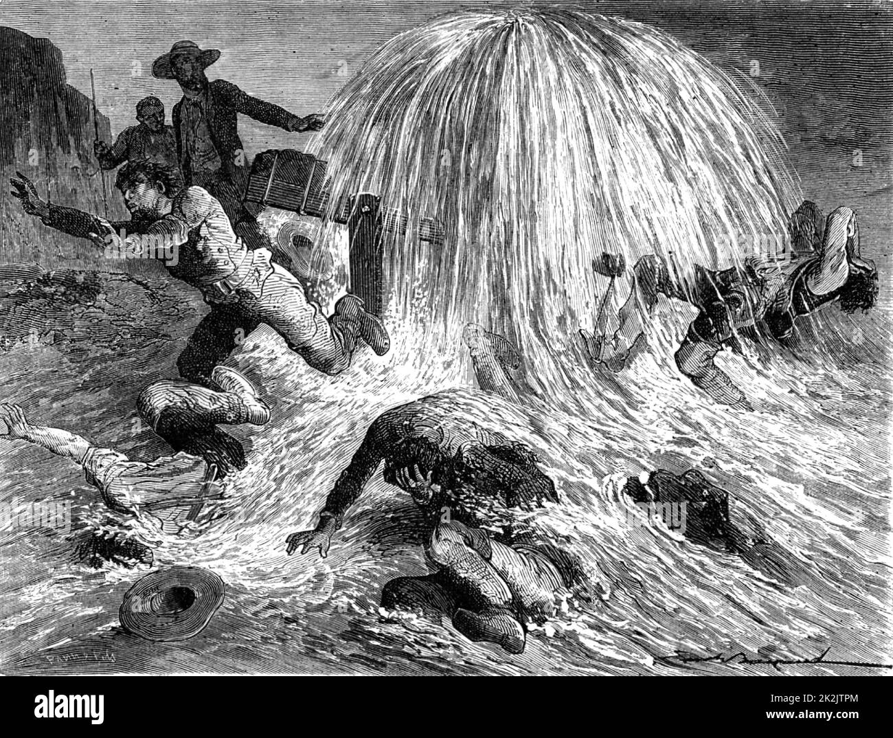 Edwin Laurentine Drake (1810-1880), amerikanischer Ölpionier, stampfend Öl in der Nähe von Oil Creek, Pennsylvania, 27. August 1859. Stich aus 'Les Merveilles de la Science' von Louis Figuier (Paris, c1870). n Stockfoto