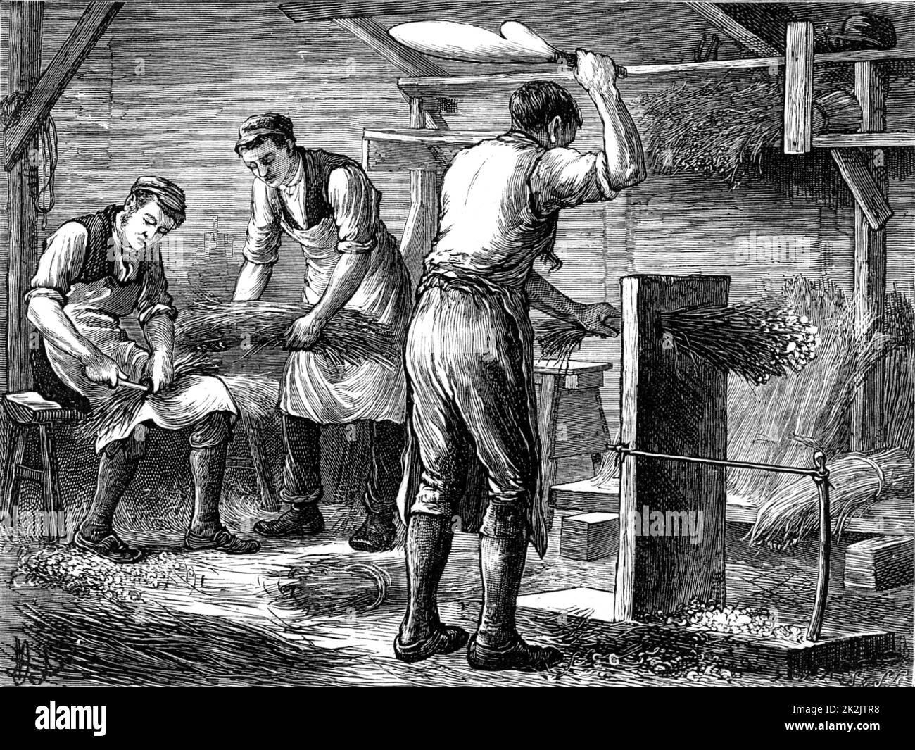 Beim Schlagen der Stiele mit der Hand Flachs abputzen oder andocken. Die langen Fasern der Stammflachsfabrik (Linum) wurden zu Leinen verarbeitet. Stich aus 'Great Industries of Great Britain' (London, c1880). Stockfoto