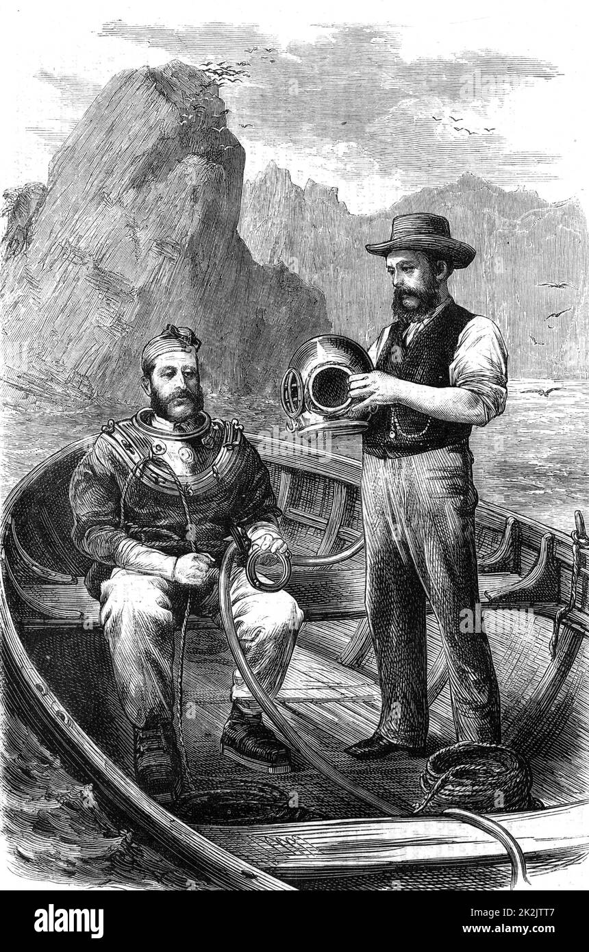 Der Taucher wird in einen Siebe- und Gorman-Tauchanzug eingelassen, der sich auf das Tauchen zu einem versunkenen Wrack vorbereitet, um Schätze zu finden. Abbildung veröffentlicht 1870. Stockfoto