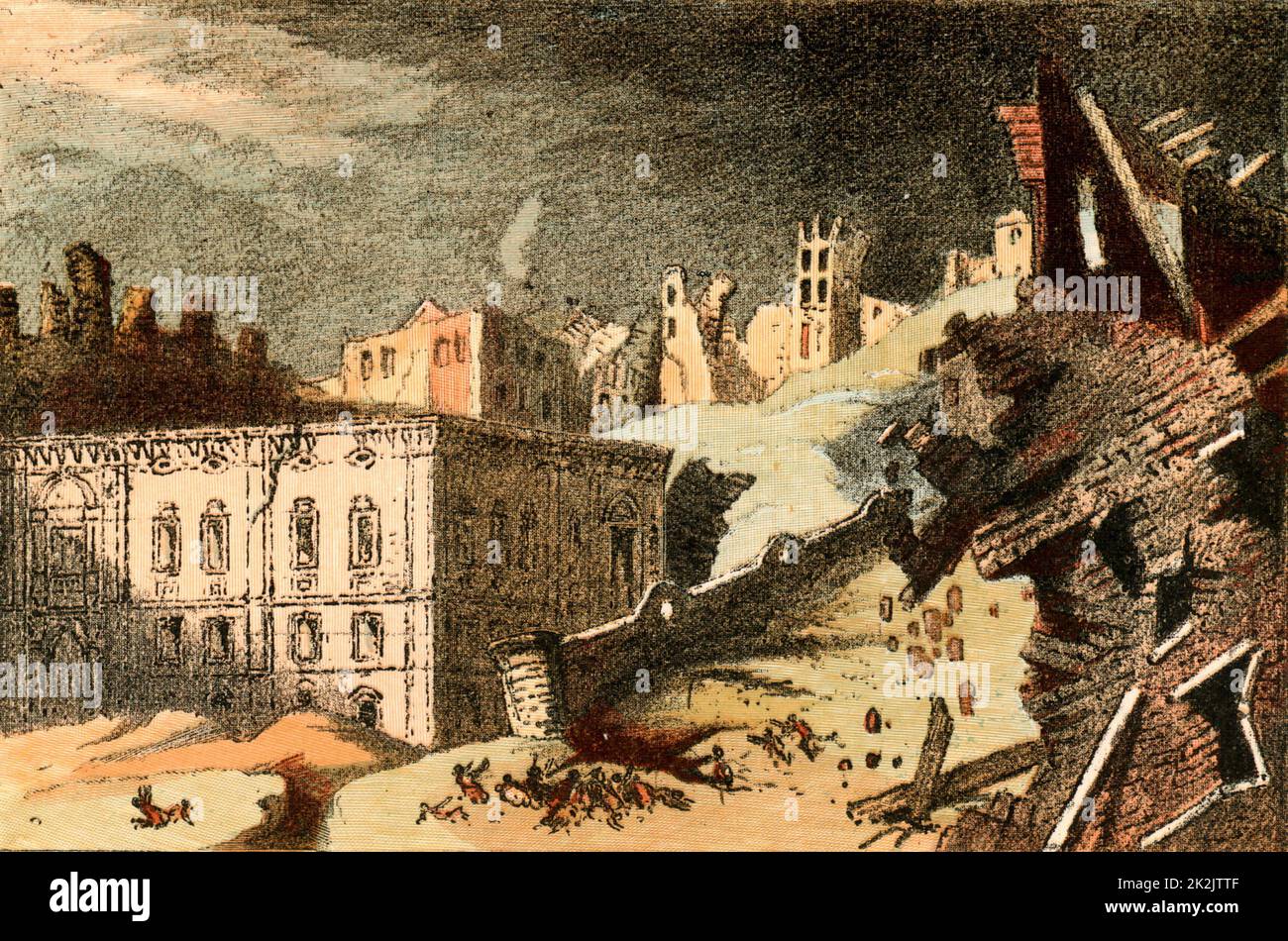Das große Erdbeben von Lissabon vom 1755. November, das einen Großteil der Stadt zerstörte und Tausende von Einwohnern tötete. Auf das Erdbeben folgte eine Flutwelle, die durch einen Brand, der ausbrach, weiter beschädigt wurde. Viele Wochen nach dem Hauptereignis wurden Nachbeben gefühlt. Dieses historische Ereignis wird im philosophischen Roman "Candide" von Voltaire (1759) beschrieben. Stockfoto