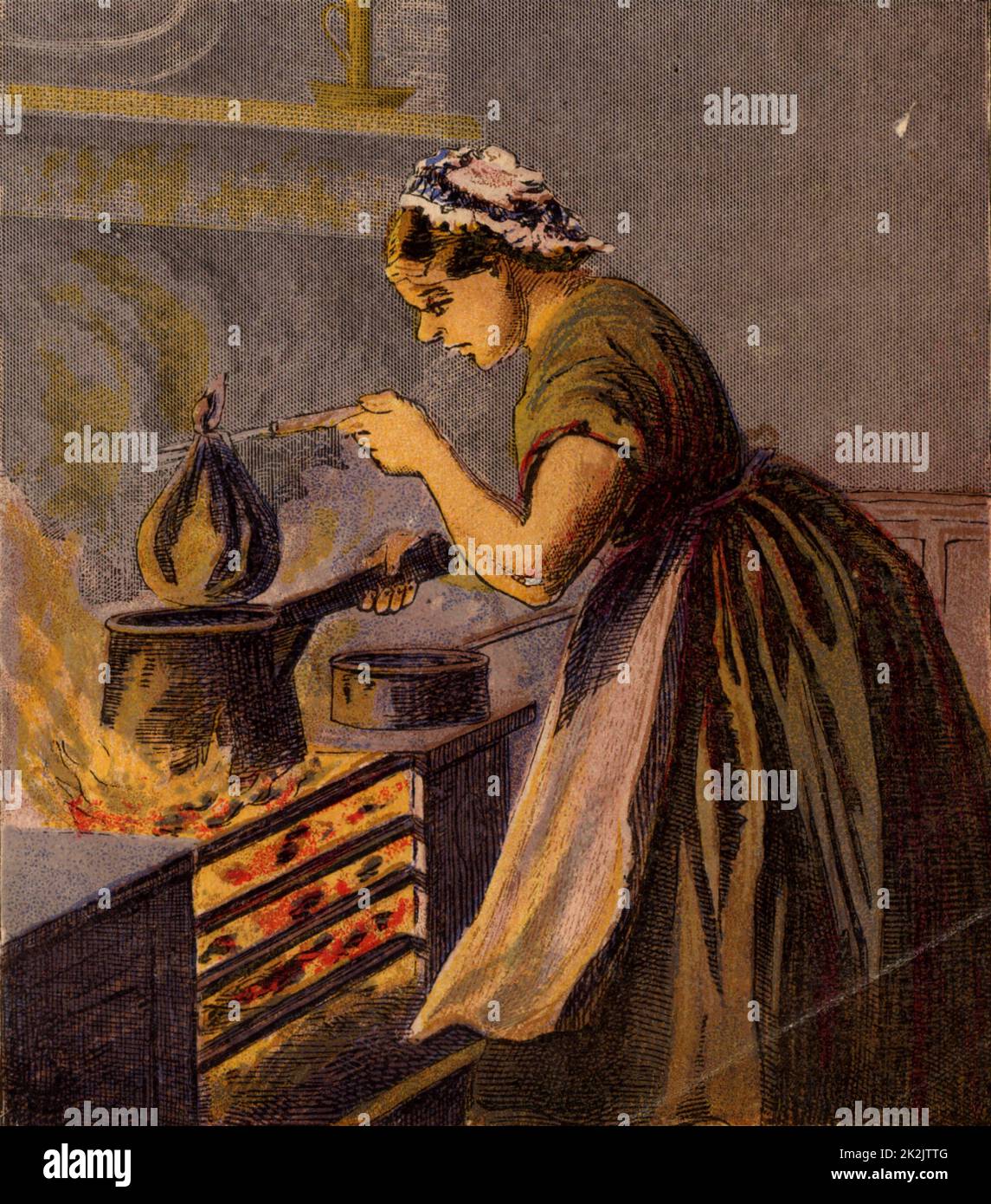 Kochen Sie einen suet Pudding in ein Tuch in einem Topf mit heißem Wasser zu Kochen auf eine typische kleine Küche reichen. Kronheim chromolithograph aus einem Kinderbuch veröffentlicht London c 1885. Stockfoto