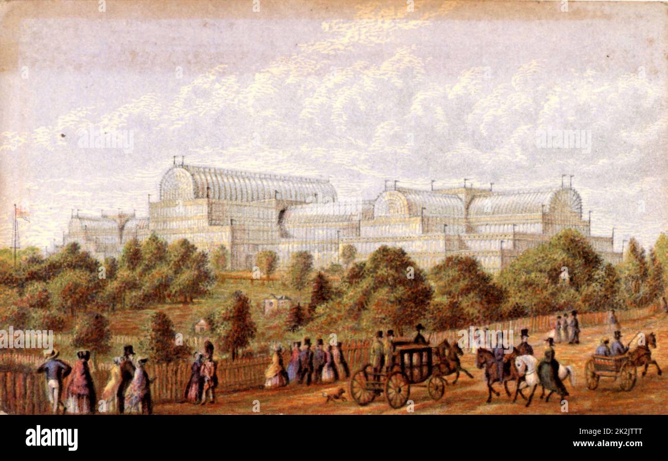 Crystal Palace, Hyde Park, London, England. Das Gebäude wurde von Joseph Paxton (1801-1865), einem englischen Gärtner und Architekten, entworfen, um die große Ausstellung von 1851 zu beherbergen. Oleograph von George Baxter (1804-1858). Stockfoto