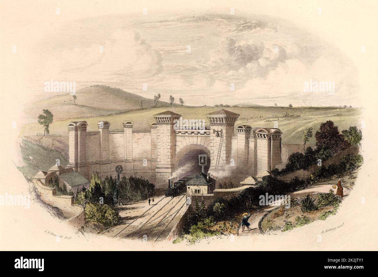 Primrose Hill Tunnel bei London, an der London und Birmingham Railway, eröffnet 1838. Ingenieur Robert Stephenson (1803-1859) der 3/4-Meilen-Tunnel, der durch schwierigen Londoner Lehm gebaut wurde, kostete 240.000 £. Das Portal kostete 7.000 £. Das Bild zeigt elementare, signalerweise von Glocken, Polizisten mit Flagge und früh rotierende Scheibe auf einem Standard. Aus „The British Gazeteer“ (London, 1852). Gravur. Stockfoto