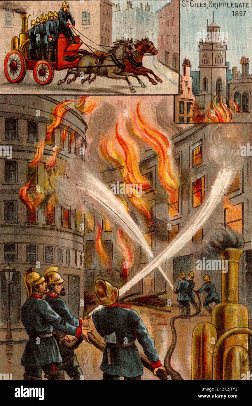 Männer der Metropolitan Fire Brigade bekämpfen den Ausbruch des Feuers in der City of London 19 November 1897. Etwa 100 Lagerhäuser wurden zerstört und das Dach der St. Giles Church, Cripplegate, die das große Feuer von 1666 überlebt hatte, wurde beschädigt und das Denkmal von John Milton wurde verbrannt. Eine von Pferden gezogene Dampflöschmaschine, die zur Wasserpumpe verwendet wird. Aus „Bubbles“ c1900, veröffentlicht von Dr. Barnados Häuser für Kinder. Oleograph. Stockfoto