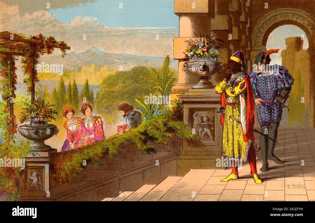 Iago benutzte ein unschuldiges Treffen zwischen Cassio und Desdemona, um Othello davon zu überzeugen, dass seine Frau untreu war. „Othello“ Akt III, Szene III Illustration von Robert Dudley (aktiv 1858-1893), veröffentlicht 1856-1858 für die Tragödie 'Othello oder der Moor von Venedig' von William Shakespeare, geschrieben zwischen 1602 und 1604. Chromolithographie Stockfoto