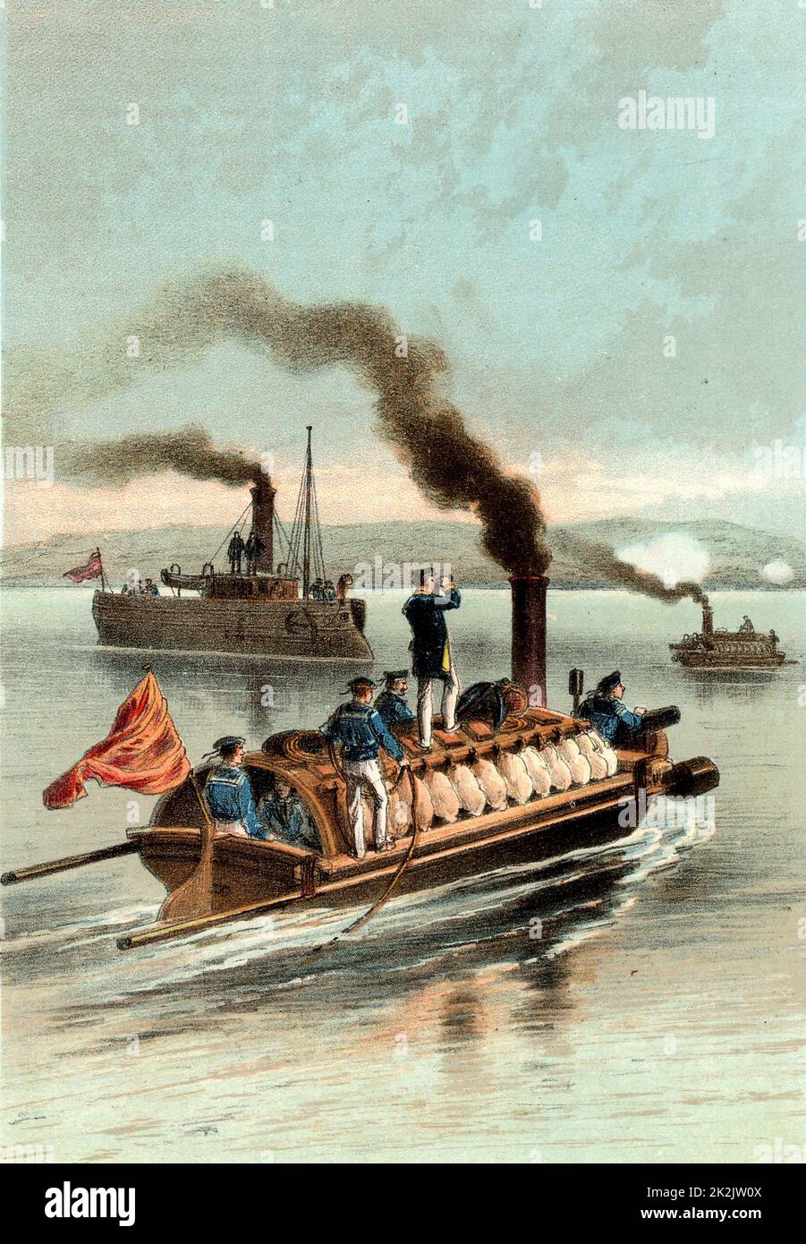 Russische Torpedoboote an der Donau. Russo-türkischer Krieg, 1877. Farblitho. Stockfoto