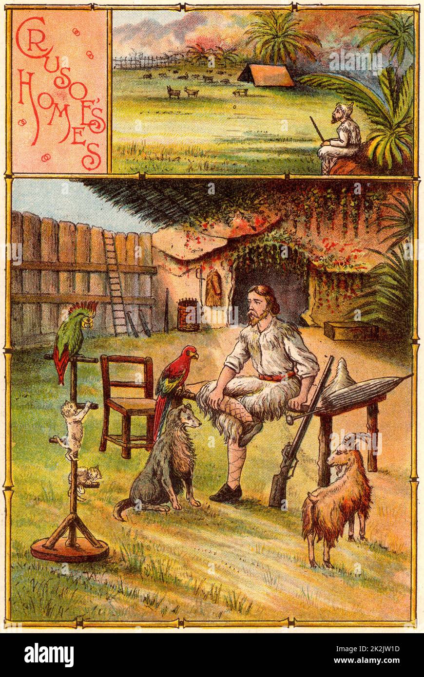 „The Life and Strange Surprising Adventures of Robinson Crusoe“ von Daniel Defoe. Er wurde erstmals 1719 veröffentlicht und gilt als der erste englische Roman. Crusoe, umgeben von seinen Haustieren, außerhalb der Höhle hat er sein Zuhause gemacht und durch eine Stockade geschützt. Auf dem Gipfel befindet sich ein Zelt auf einem grasbewachsenen Hochplateau, das er als Sommerresidenz nutzte. Aus „Bubbles“ c1900, veröffentlicht von Dr. Barnados Homes for Children. Oleograph. Stockfoto