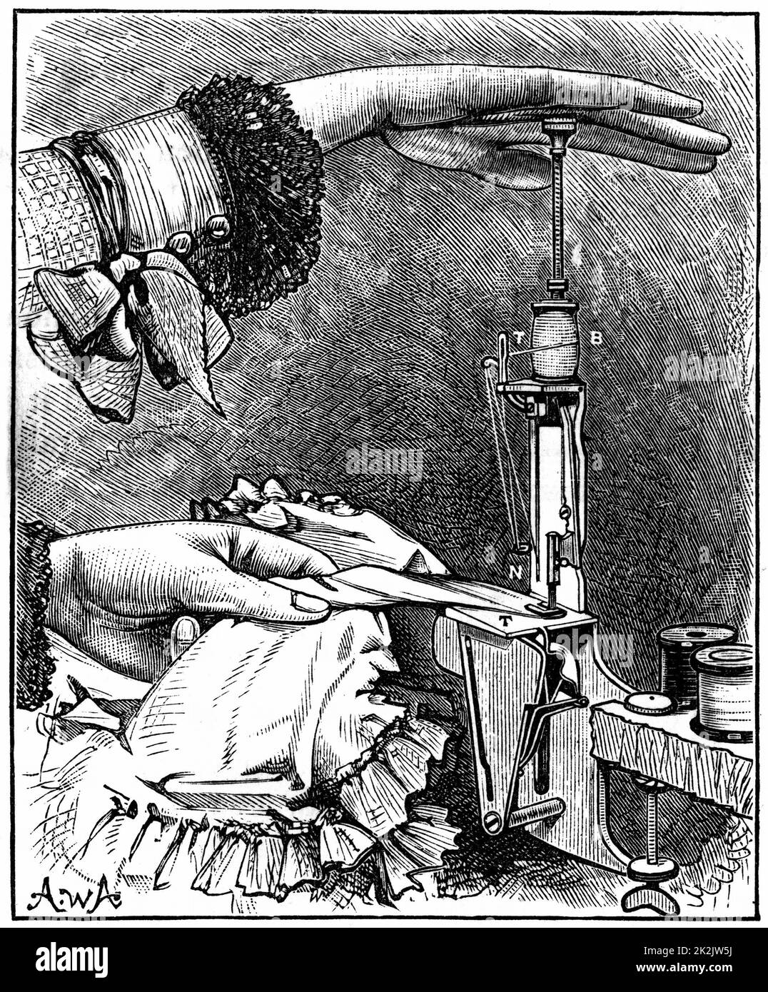 Doppelsteppstich-Nähmaschine, acht Zoll lang x 2 Zoll breit, mit einem Gewicht von nur 8 oz, Berlin 1881 patentiert. Gravur Stockfoto
