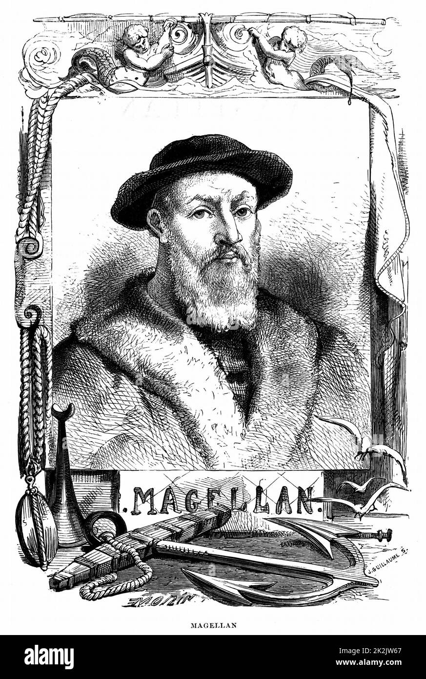 Ferdinand Magellan (c) 1480-1521 Portugiesische Navigator. Erste Expedition rund um den Globus cirumnavigate geführt. Abgerundet Magellanstraße vom Atlantik zum Pazifik, Oktober-November 1519. Gravur veröffentlicht Paris 1868 Stockfoto