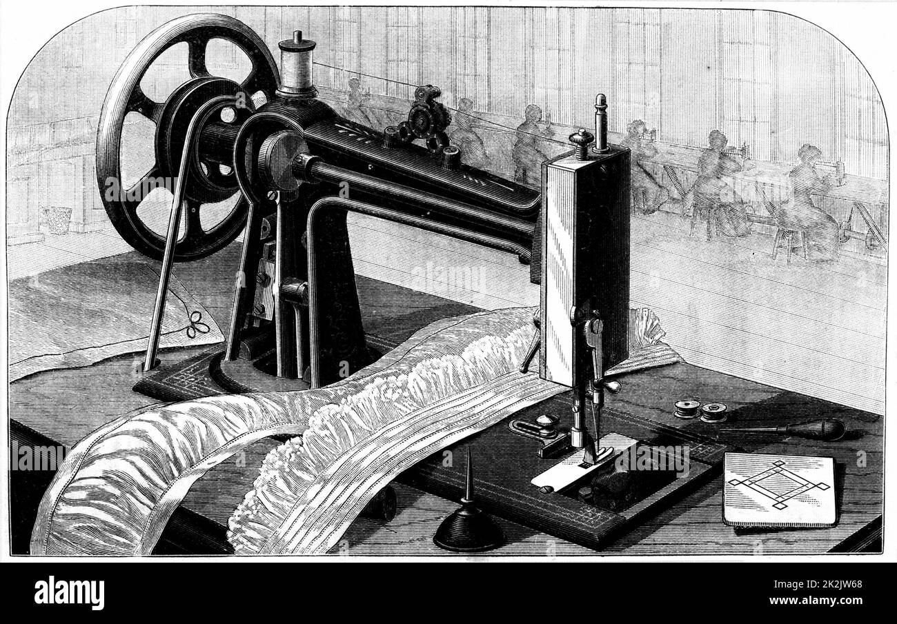 Wilson Nähmaschine, mit Riemenantrieb (Links) Von tritt, kann Öl (Mitte vorne) und Spulen für Gewinde (rechts). Gravur veröffentlicht New York, 1880. Stockfoto